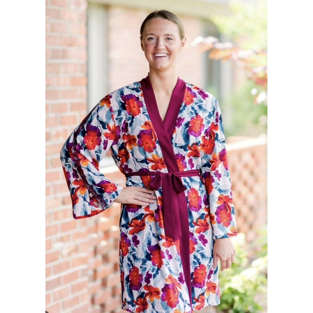 The Pioneer Woman L/XL Bell Sleeve Lace Trim Robe Floral Burgundy Orange EUC